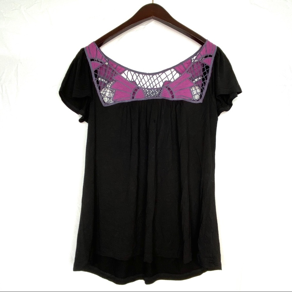 Lush Black and Purple Crochet Neckline Top